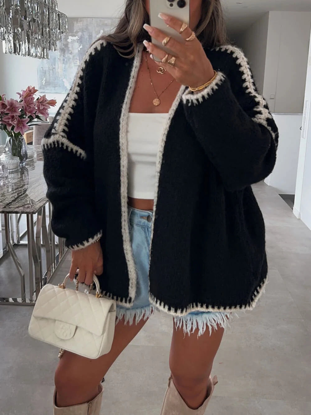Relaxed Fit Open Front Women's Knit Cardigan