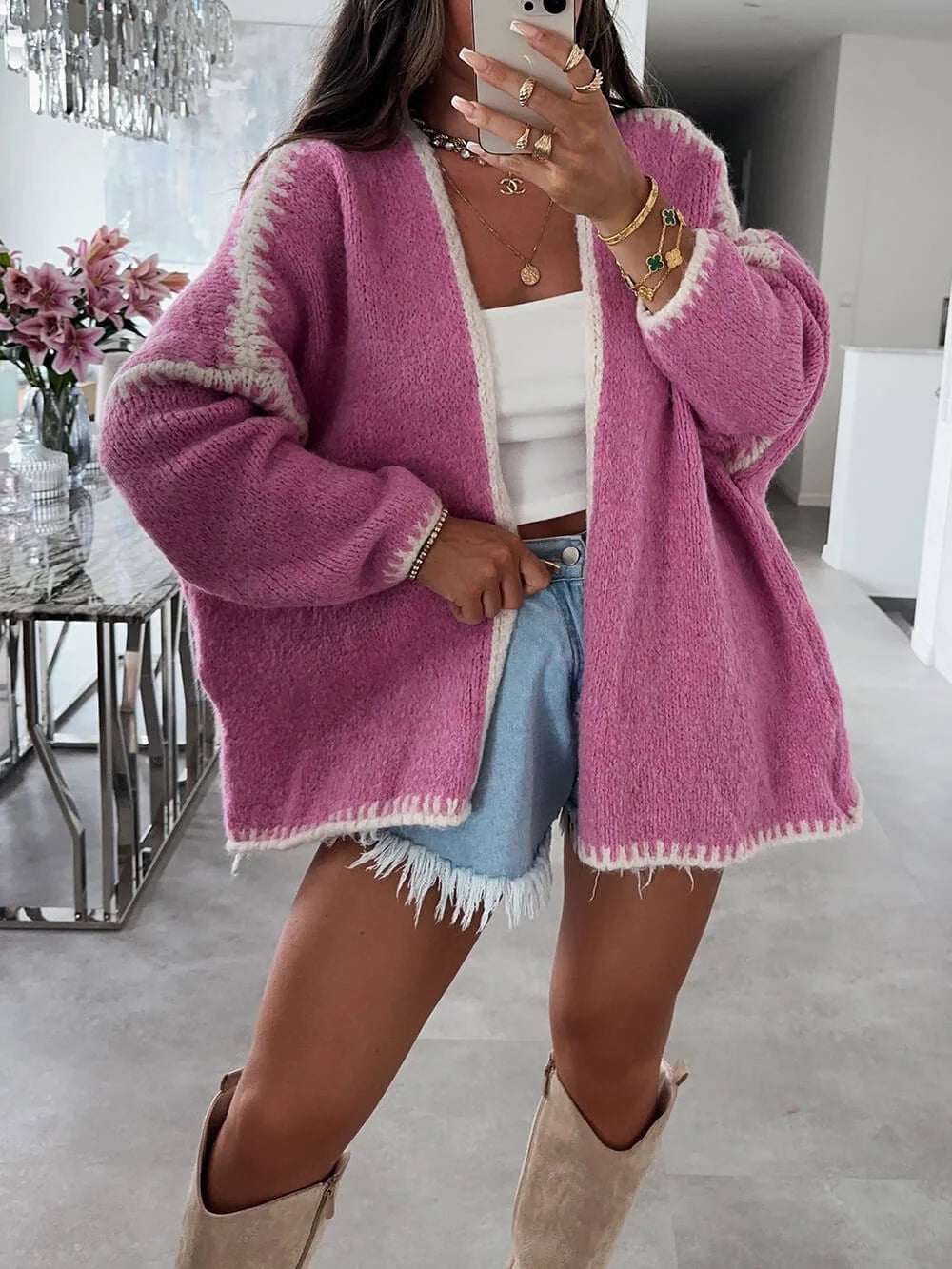 Relaxed Fit Open Front Women's Knit Cardigan - Luxivelle