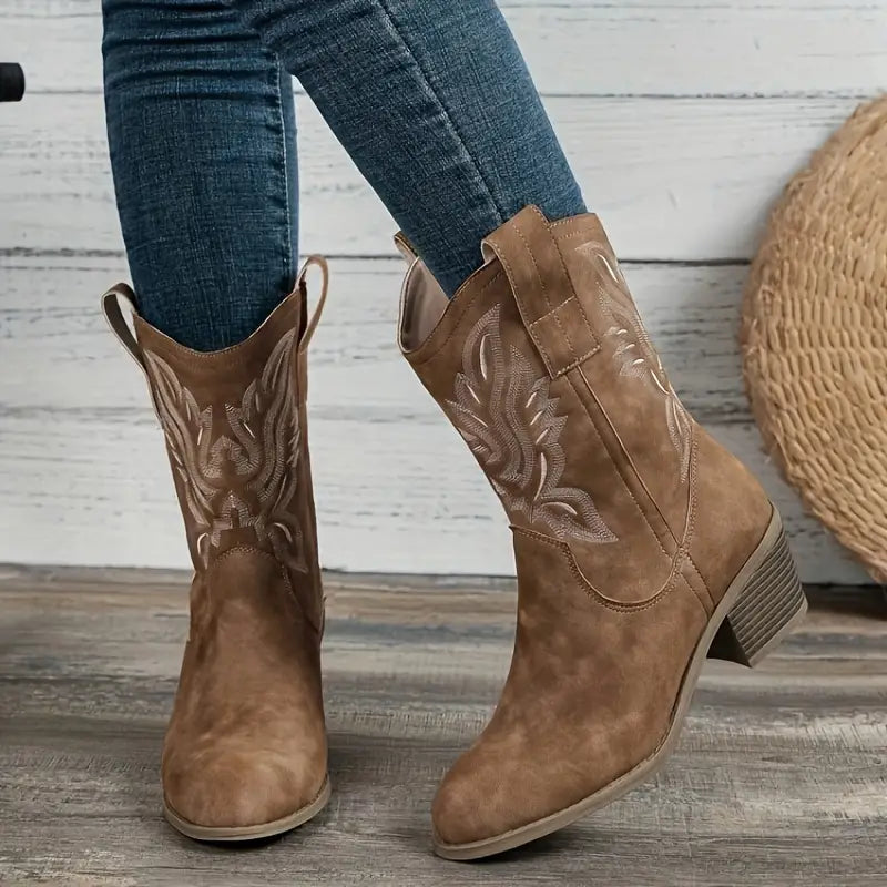 Ladies Western Ankle Boots with Embroidery Block Heel - Luxivelle