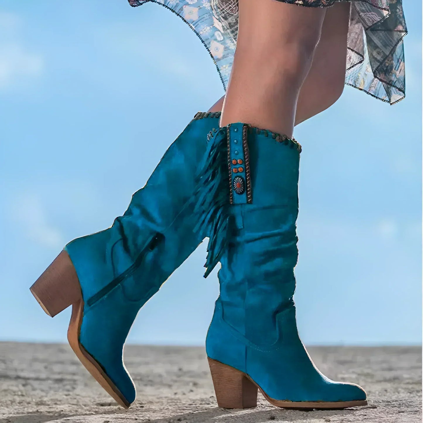 Ladies Western Boots Mid Calf Buckle Detail