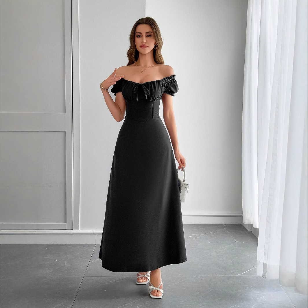 Ladies Elegant Maxi Dress with Puff Sleeves - Luxivelle