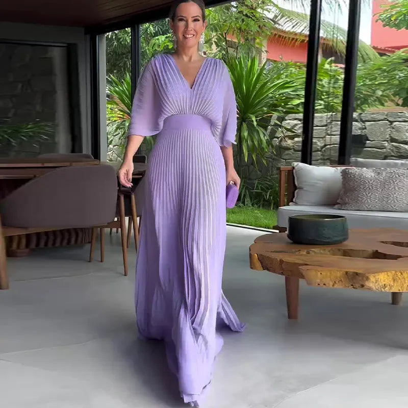Ladies Formal Maxi Dress with Flowy Cape Sleeves - Luxivelle