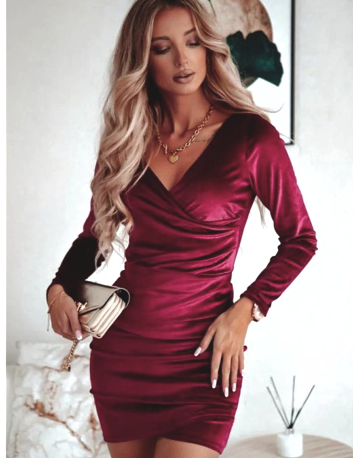 Ladies' Party Dress Wrap Neck Mini Long Sleeve