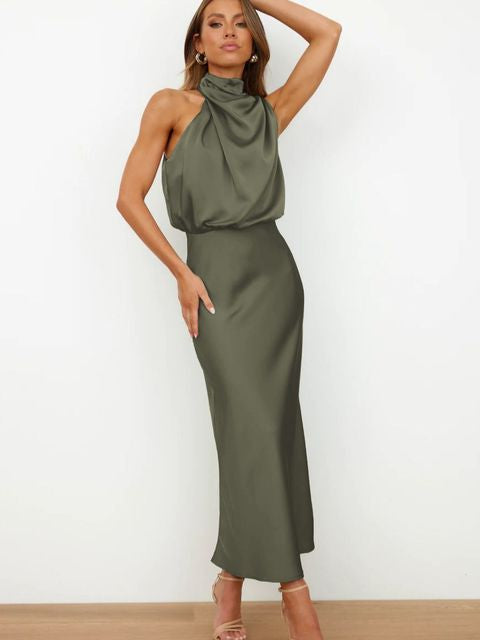 Elegant Ladies Cocktail Dress Halter Neck Midi