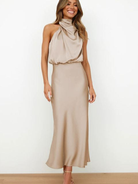 Elegant Ladies Cocktail Dress Halter Neck Midi