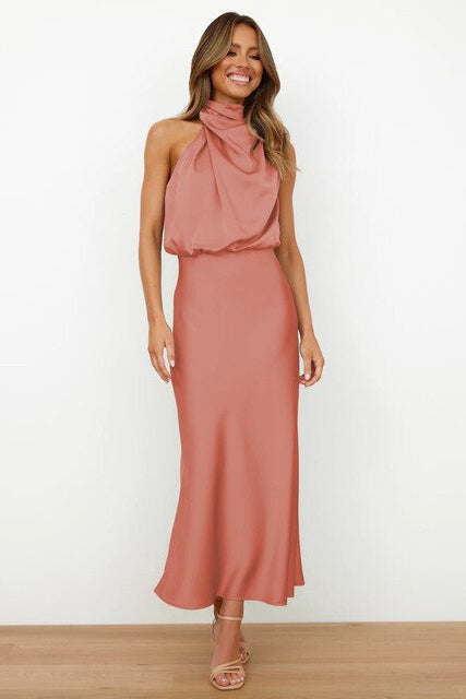Elegant Ladies Cocktail Dress Halter Neck Midi