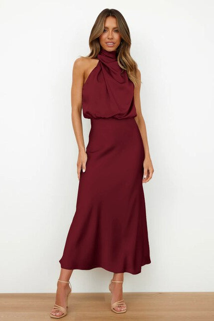 Elegant Ladies Cocktail Dress Halter Neck Midi