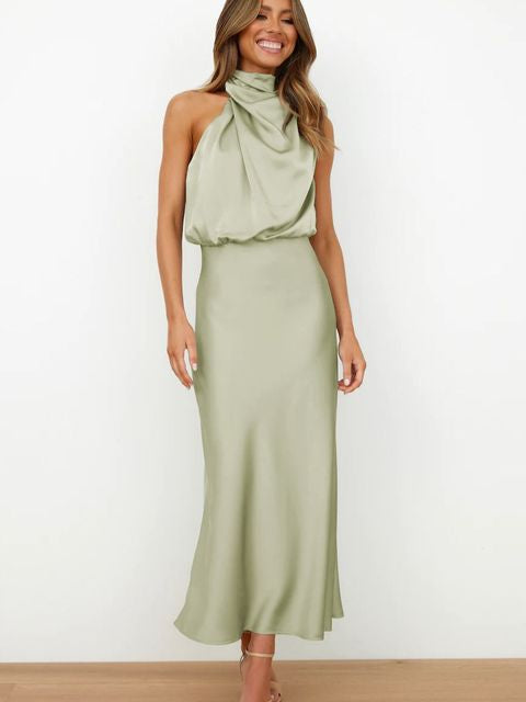 Elegant Ladies Cocktail Dress Halter Neck Midi