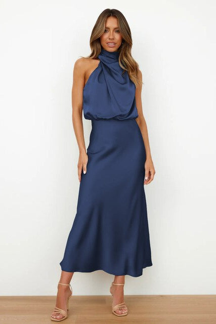 Elegant Ladies Cocktail Dress Halter Neck Midi - Luxivelle