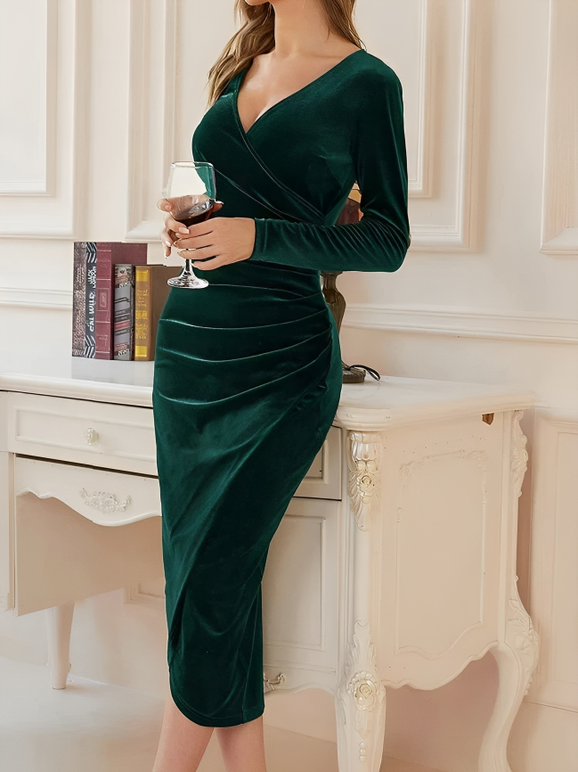 Elegant Ladies Wrap Midi Dress Long Sleeves