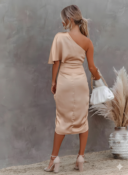 Elegant One Shoulder Midi Evening Dress