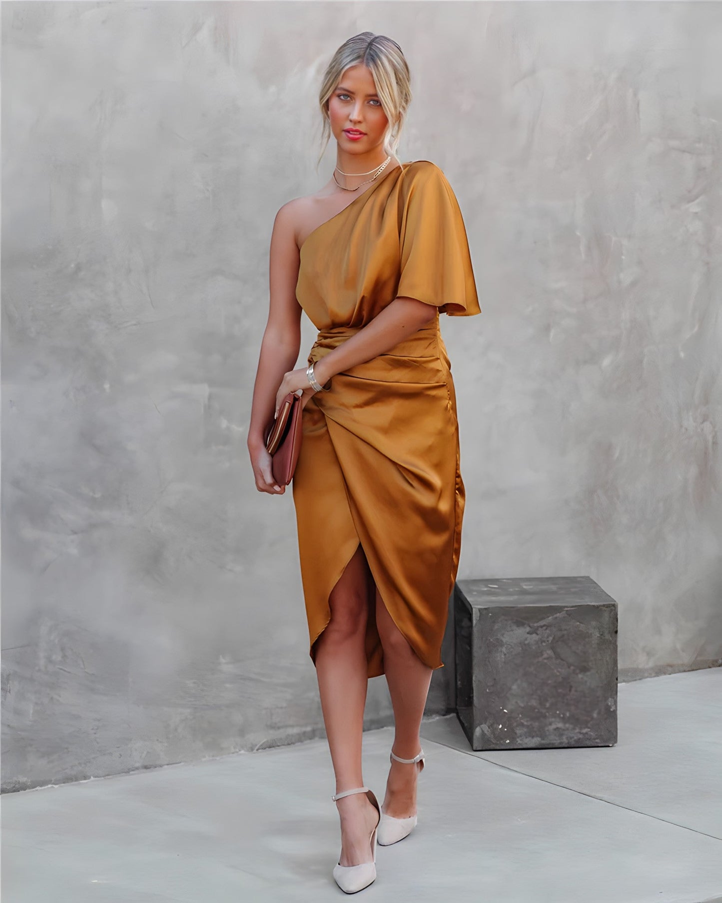 Elegant One Shoulder Midi Evening Dress