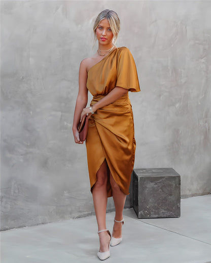 Elegant One Shoulder Midi Evening Dress