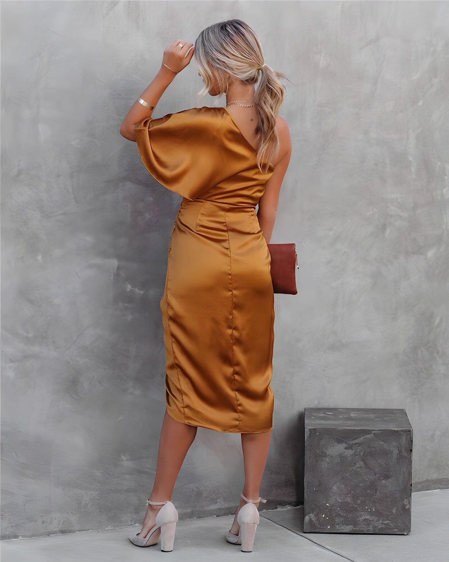 Elegant One Shoulder Midi Evening Dress