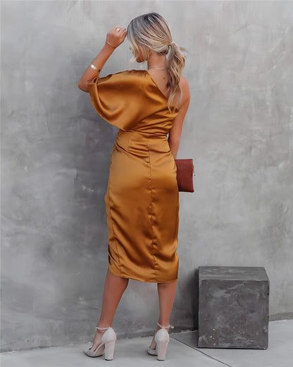 Elegant One Shoulder Midi Evening Dress