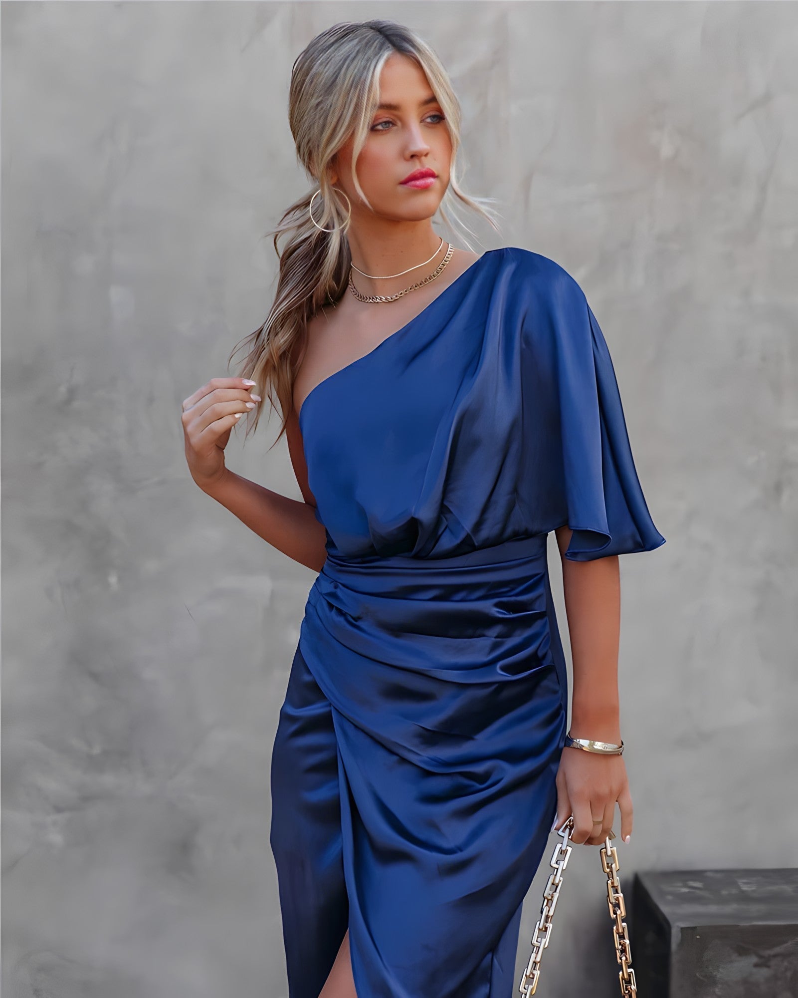 Elegant One Shoulder Midi Evening Dress - Luxivelle