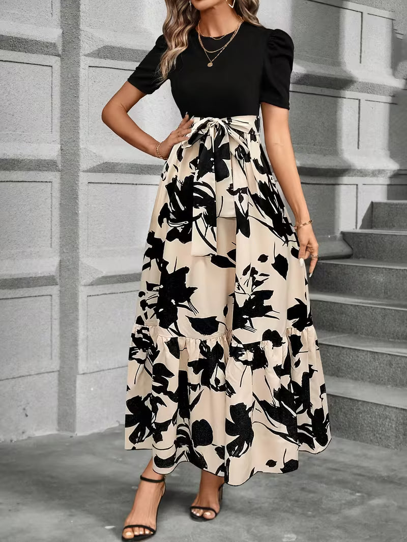 Elegant Maxi Dress with Short Sleeves and Sash Waist