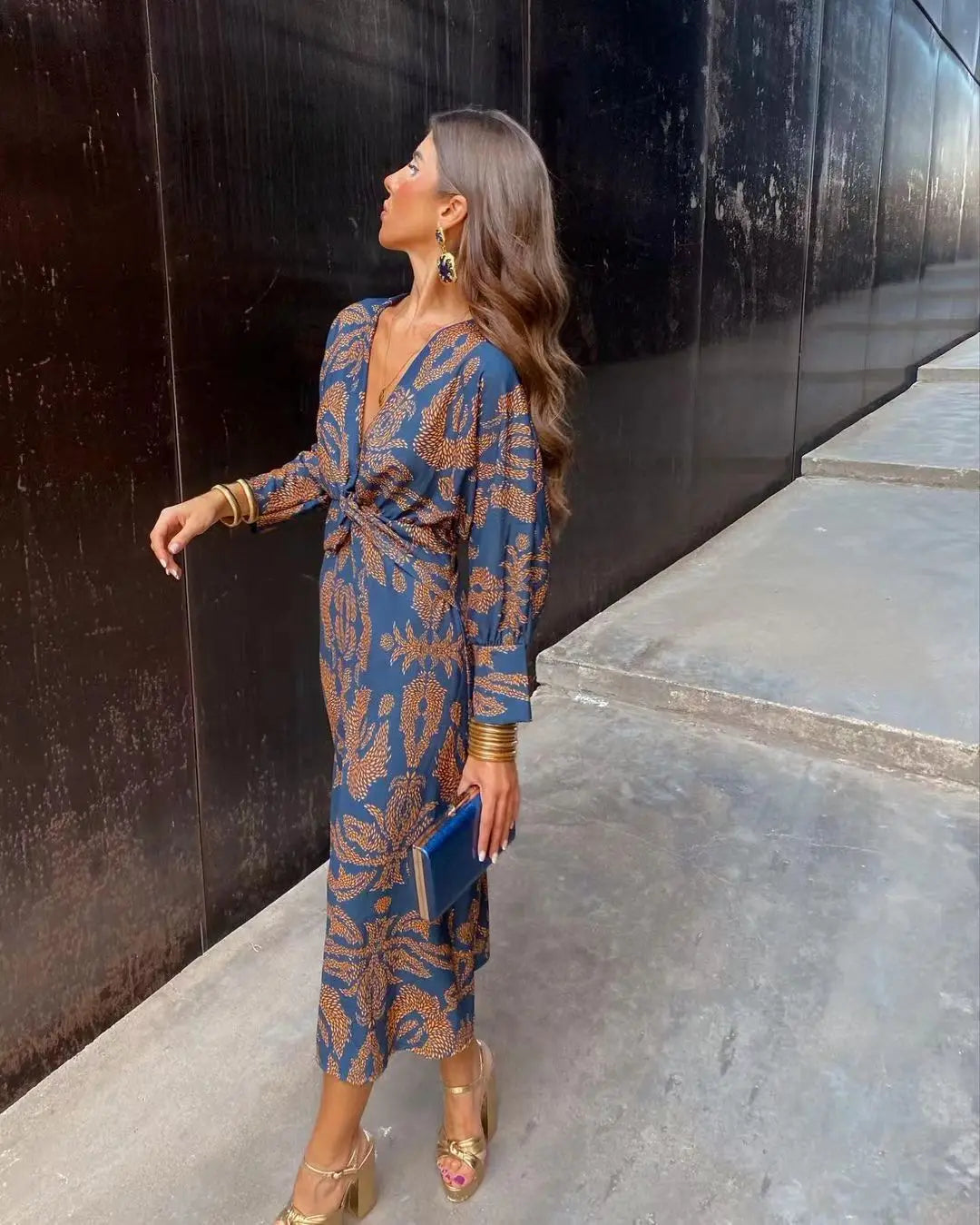 Elegant Ladies V Neck Tie Front Midi Dress