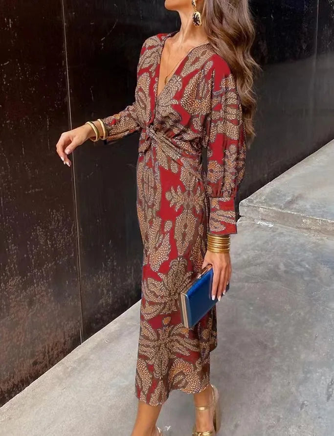 Elegant Ladies V Neck Tie Front Midi Dress
