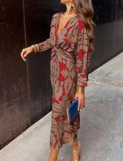Elegant Ladies V Neck Tie Front Midi Dress