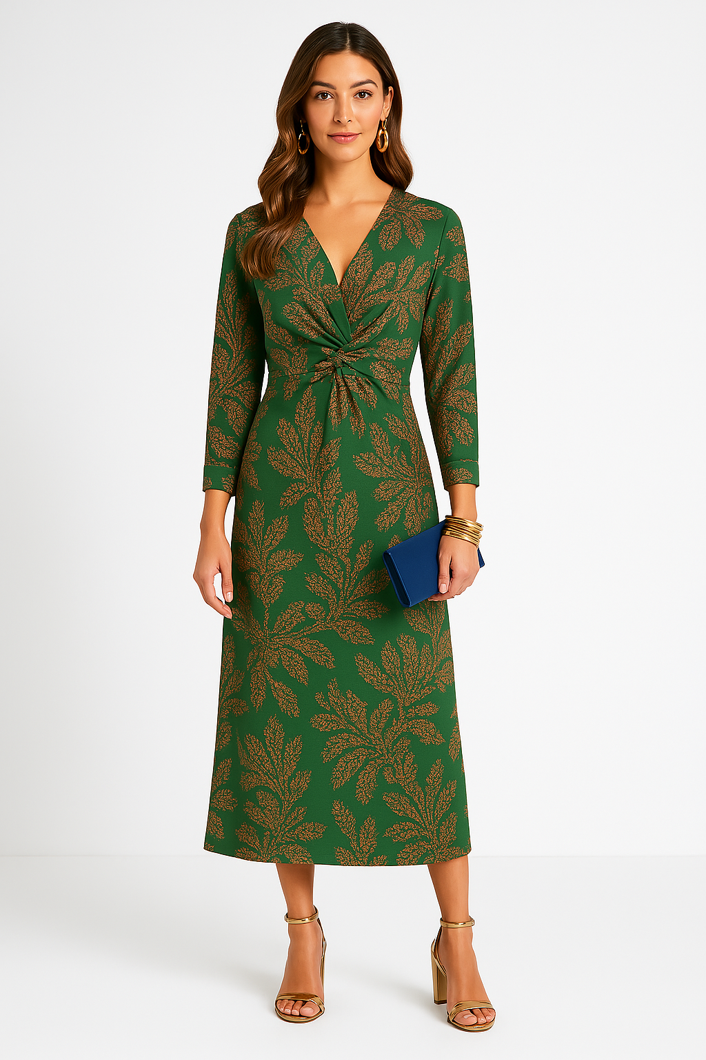 Elegant Ladies V Neck Tie Front Midi Dress - Luxivelle