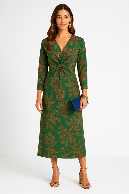 Elegant Ladies V Neck Tie Front Midi Dress - Luxivelle