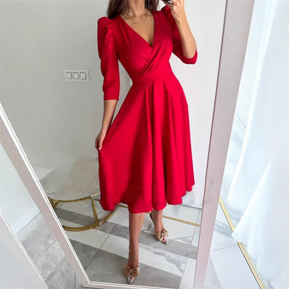 Elegant Ladies V Neck Midi Wrap Dress