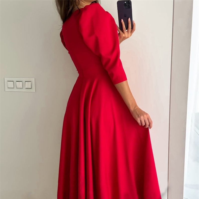 Elegant Ladies V Neck Midi Wrap Dress
