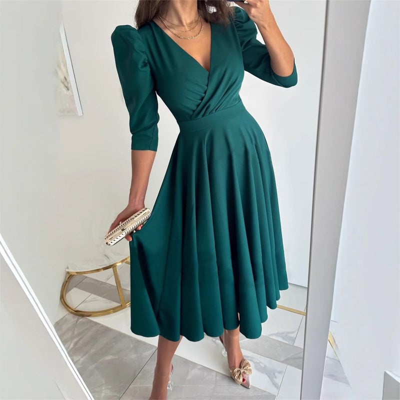 Elegant Ladies V Neck Midi Wrap Dress