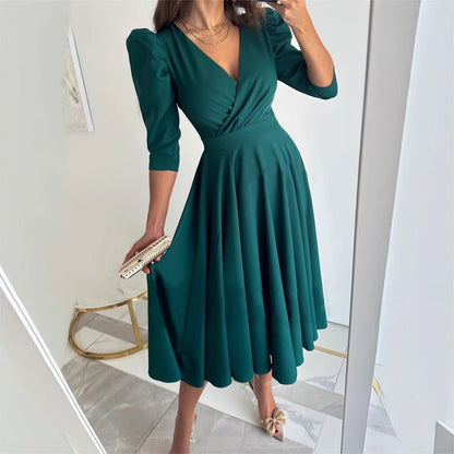 Elegant Ladies V Neck Midi Wrap Dress