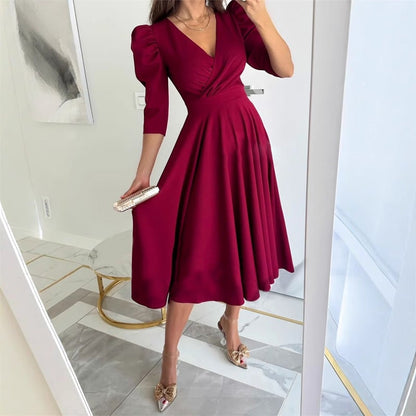 Elegant Ladies V Neck Midi Wrap Dress