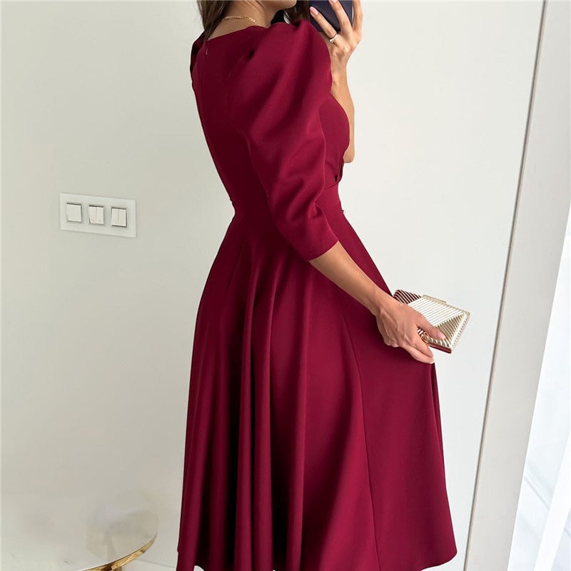 Elegant Ladies V Neck Midi Wrap Dress