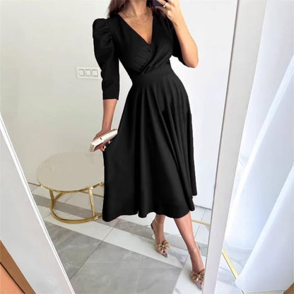 Elegant Ladies V Neck Midi Wrap Dress - Luxivelle