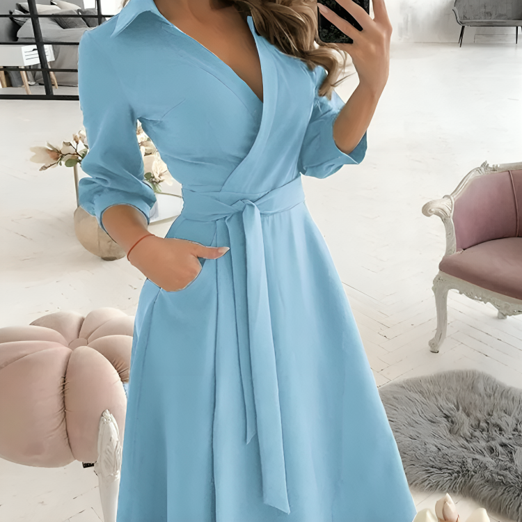 Elegant Ladies Midi Dress with V Neck and Waist Tie
