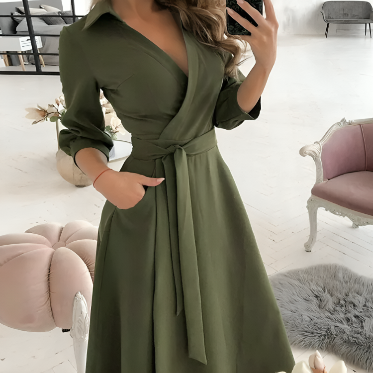 Elegant Ladies Midi Dress with V Neck and Waist Tie