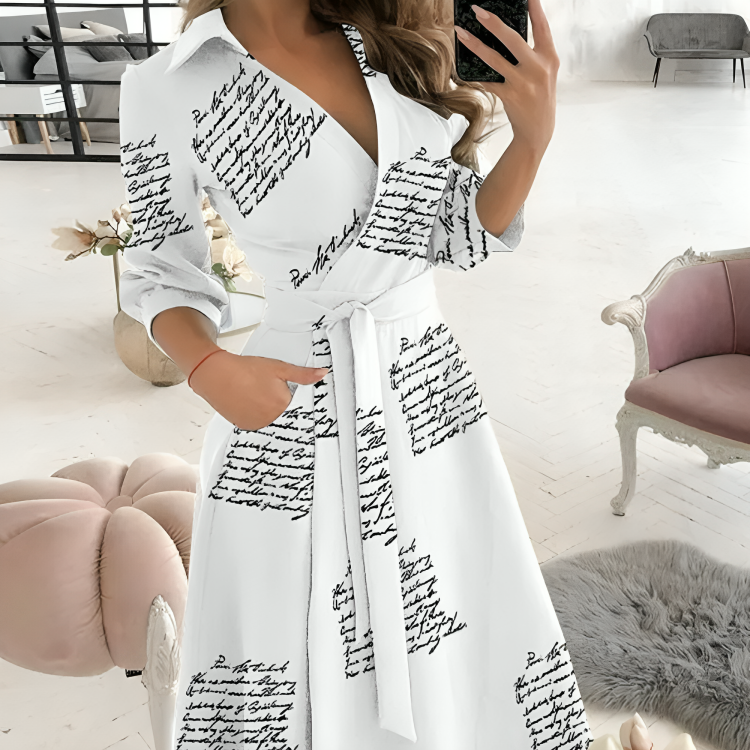 Elegant Ladies Midi Dress with V Neck and Waist Tie