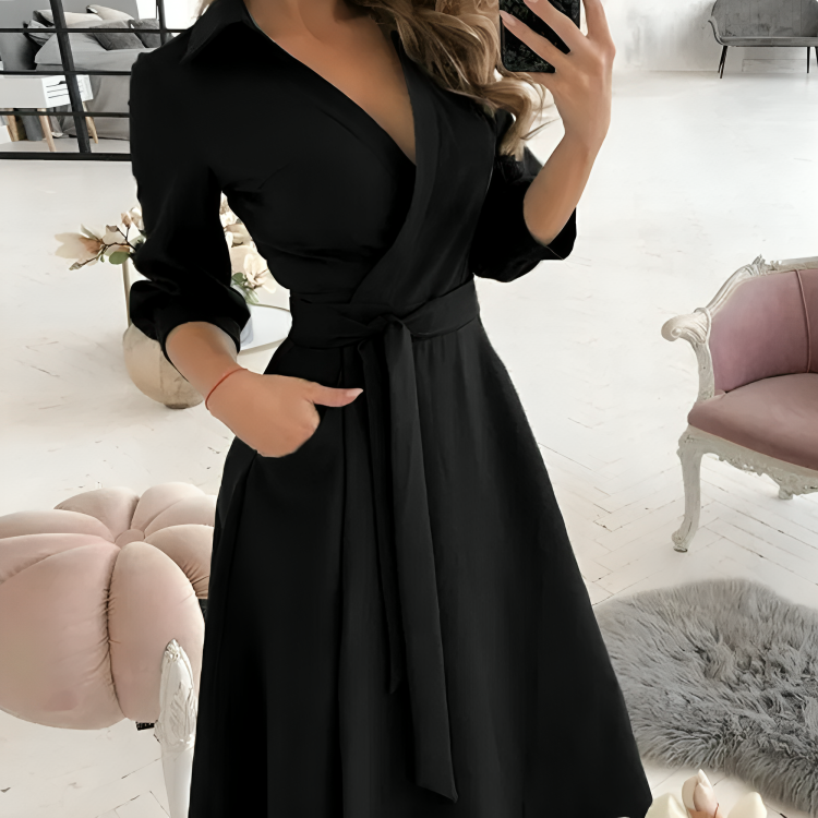 Elegant Ladies Midi Dress with V Neck and Waist Tie