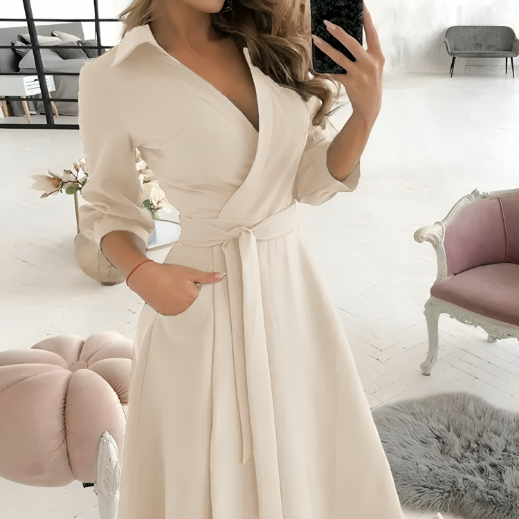 Elegant Ladies Midi Dress with V Neck and Waist Tie - Luxivelle