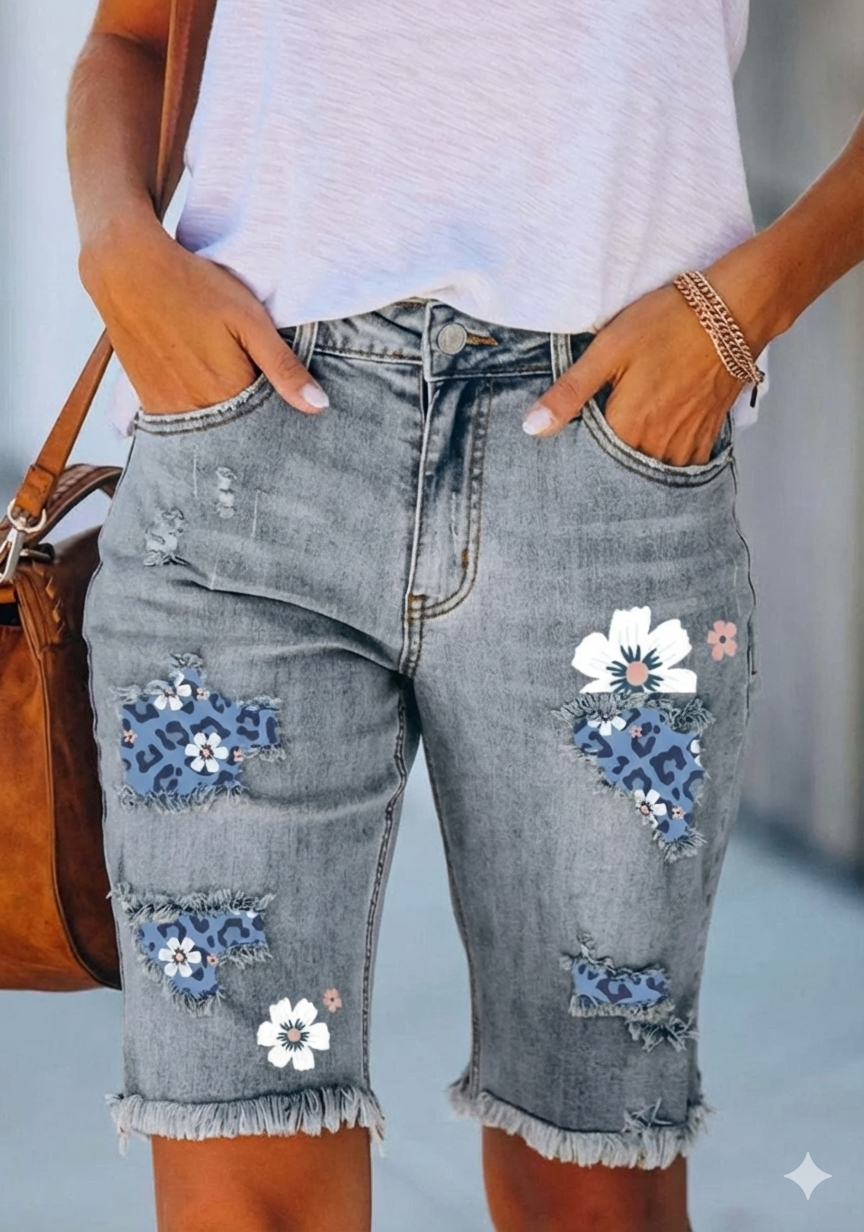 Ladies' Ripped Floral Denim Shorts - Luxivelle