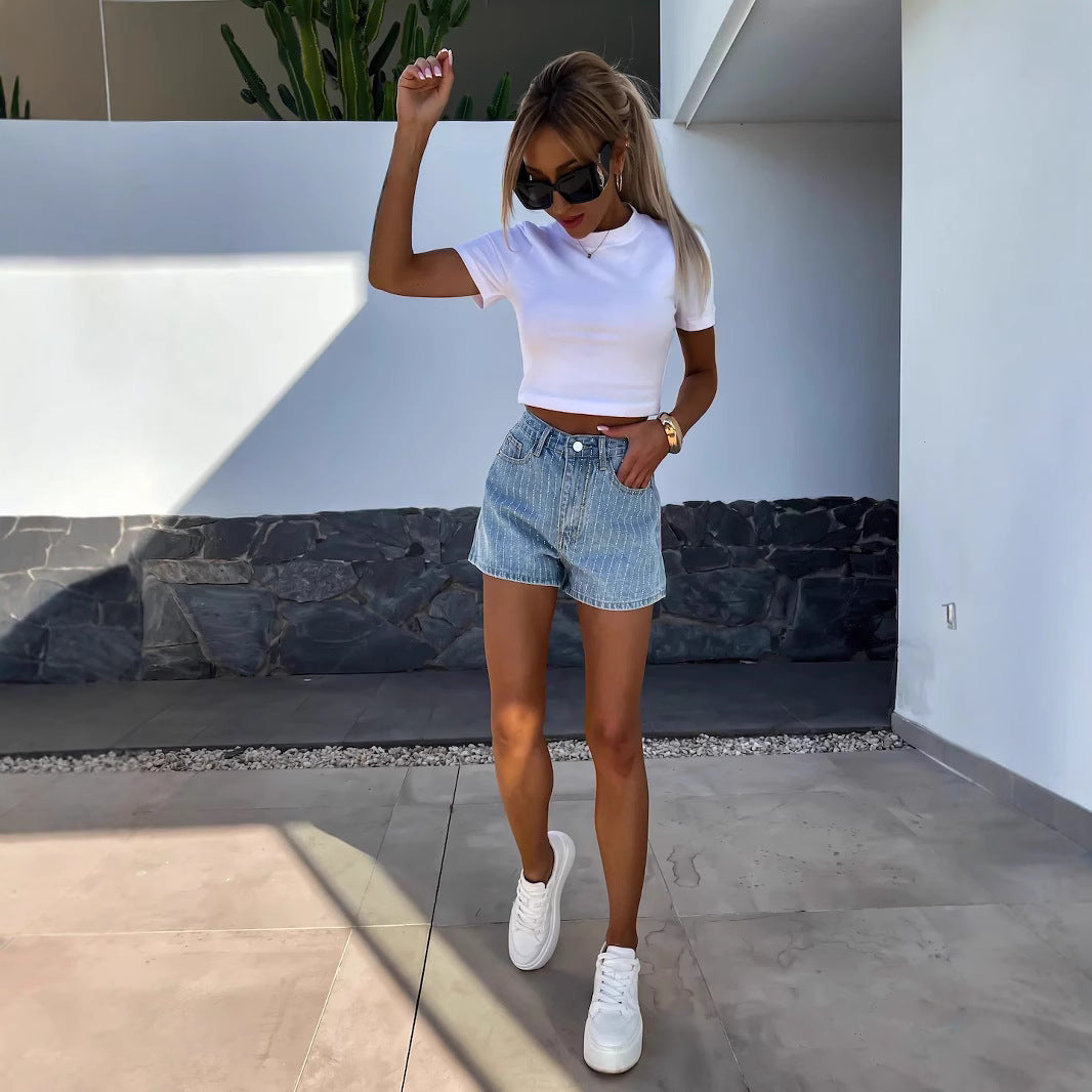 Women's Wide Leg Jeans Shorts with Stripe Trim