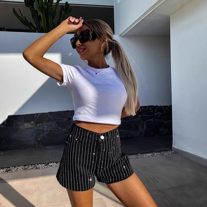 Women's Wide Leg Jeans Shorts with Stripe Trim