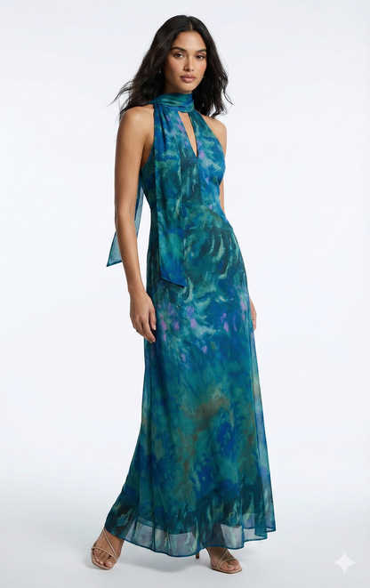 Ladies Long Floral Dress with Halter Neckline - Luxivelle