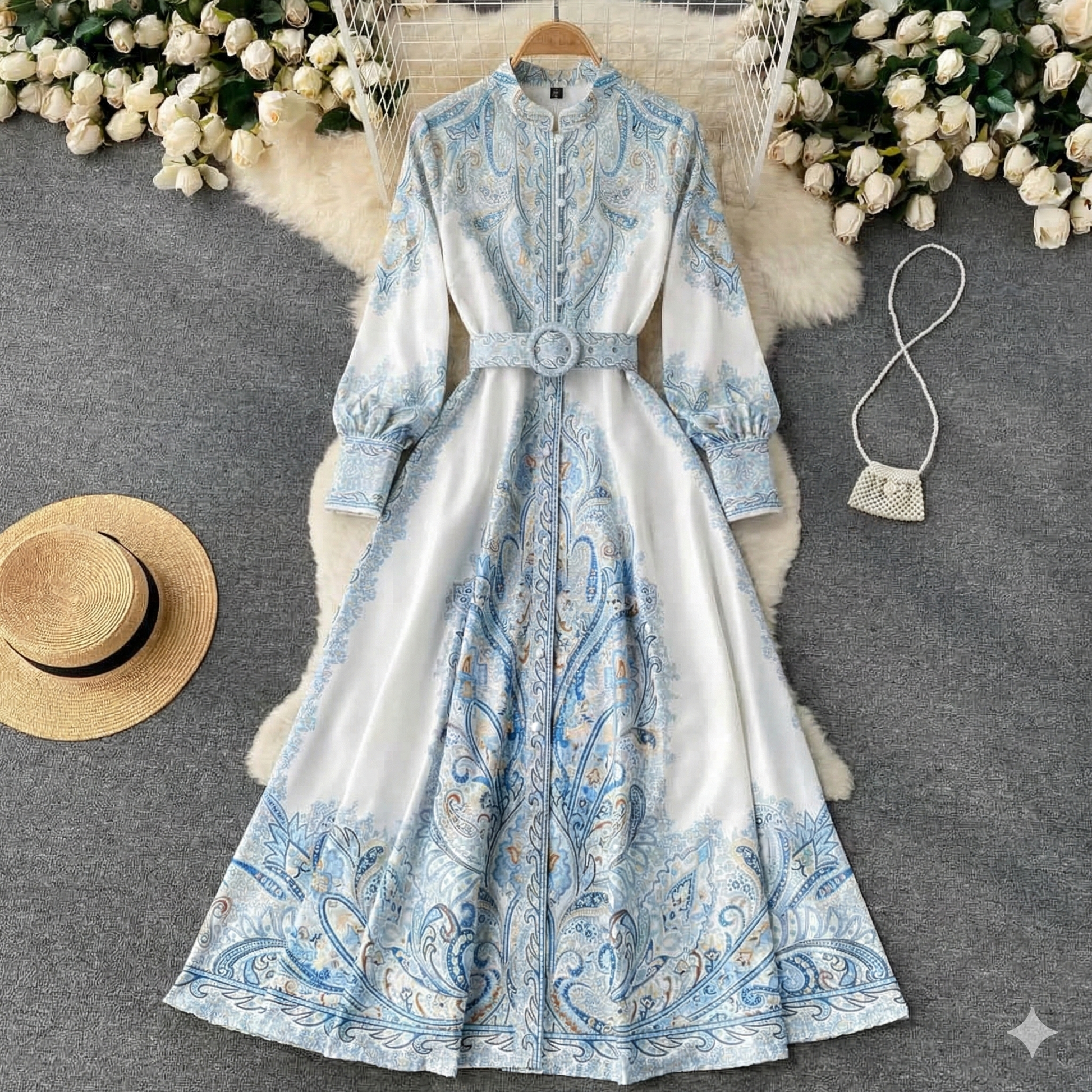 Elegant Long Sleeve Floor Length Belted Dress - Luxivelle