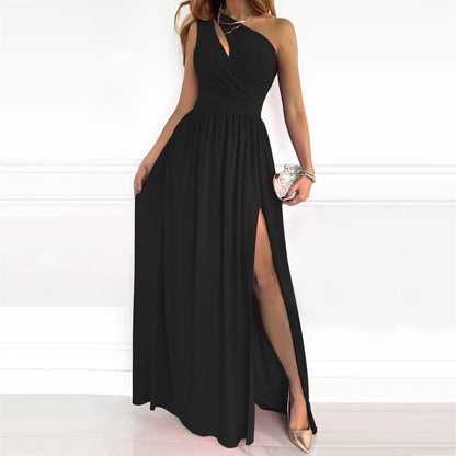 Elegant Long One Shoulder Split Dress - Luxivelle