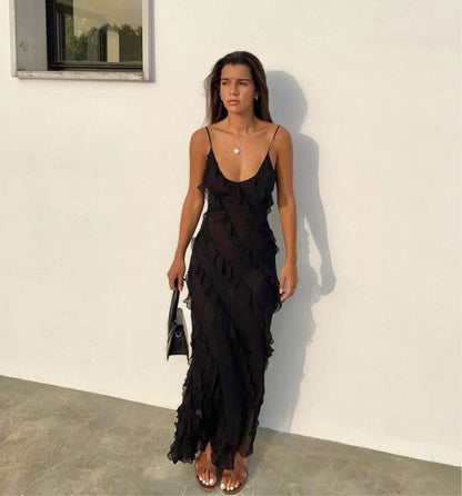 Elegant Long Evening Dress with Ruffle Strap