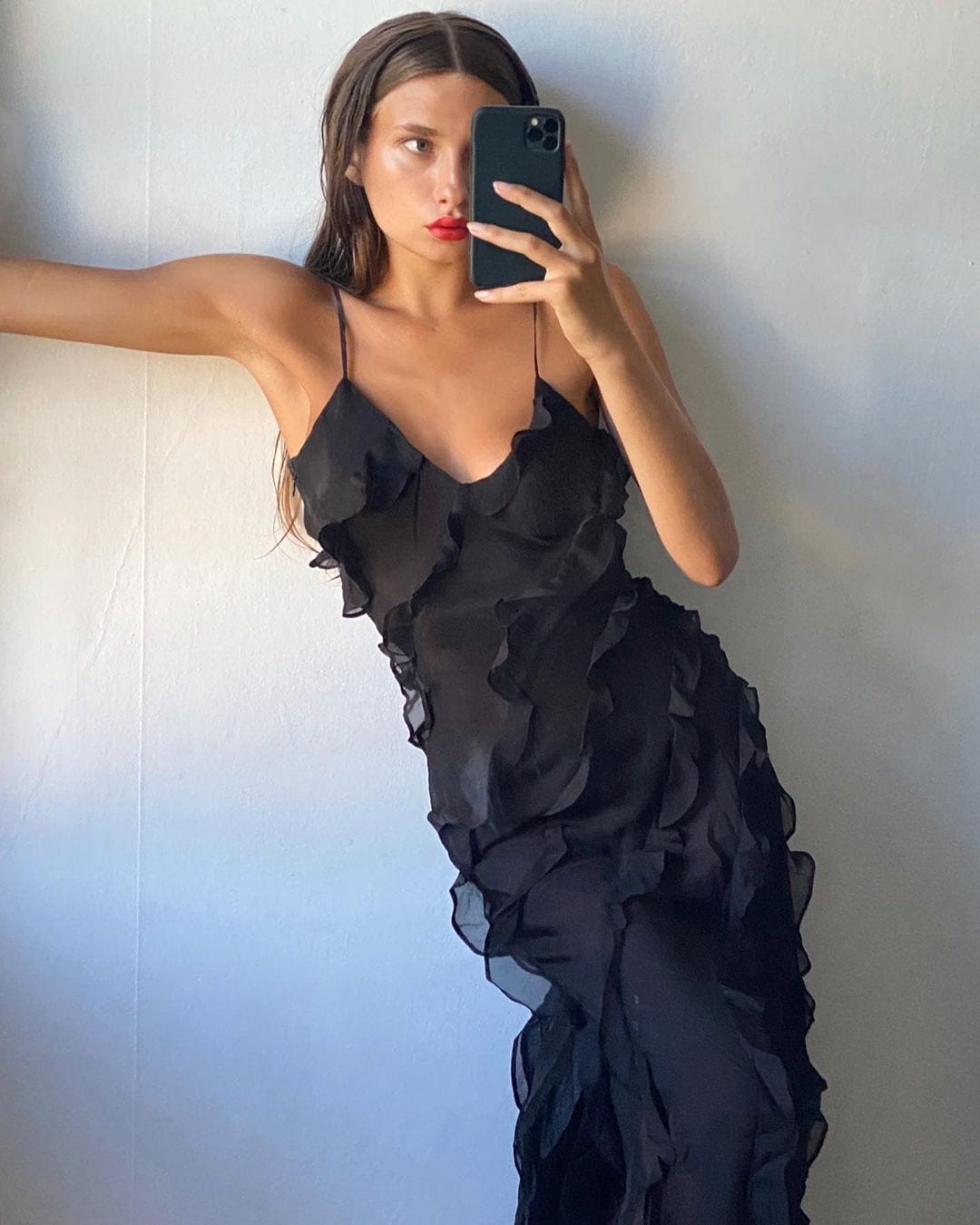 Elegant Long Evening Dress with Ruffle Strap