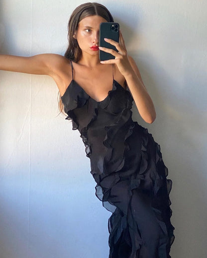 Elegant Long Evening Dress with Ruffle Strap