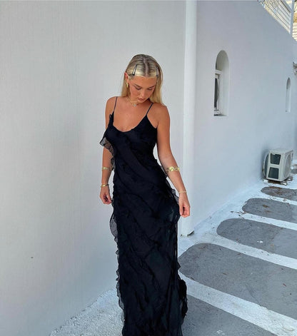 Elegant Long Evening Dress with Ruffle Strap