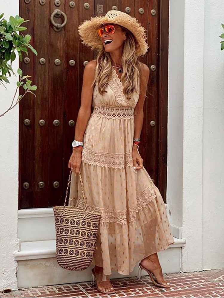 Flowy Summer Sleeveless Maxi Dress Boho Style