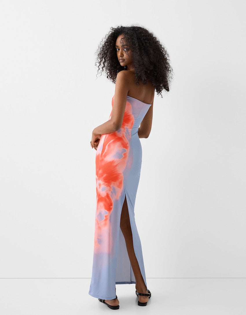 Ladies Elegant Strapless Floral Maxi Dress